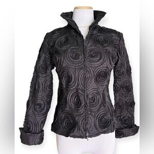 Samuel Dong Black Rosette Floral Applique Stand Collar 2 Way Zip Jacket Zip XL